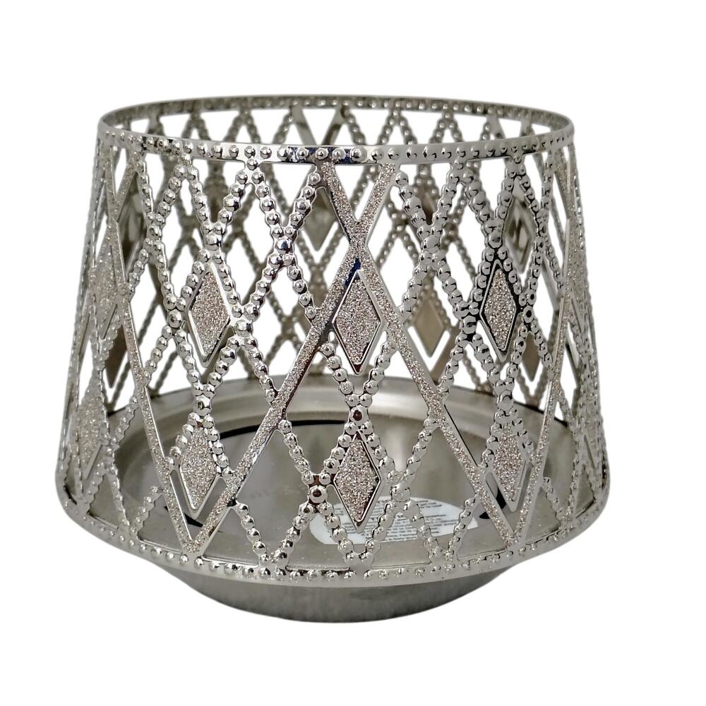 Bath & Body Works Silver Metal Glitter 3 Wick Candle Holder Sleeve Jar GlamDecor